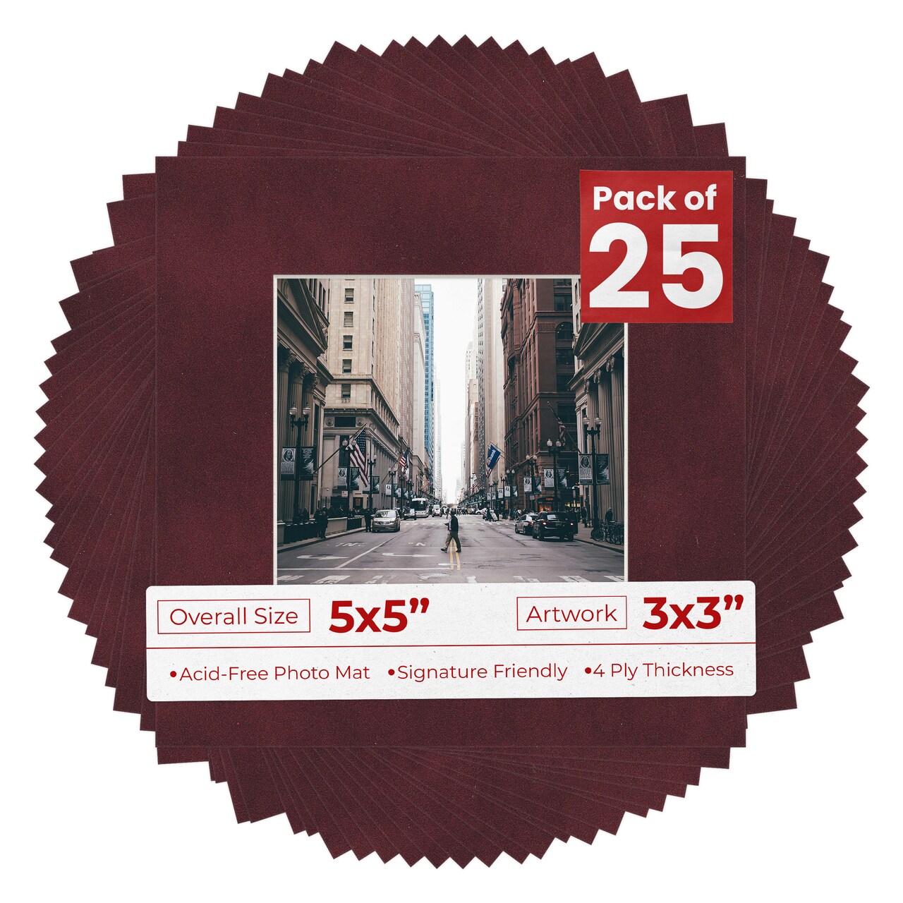 Dark Red Suede Mat Board for 5x5 Inch Frames - Fits 3x3 Photos